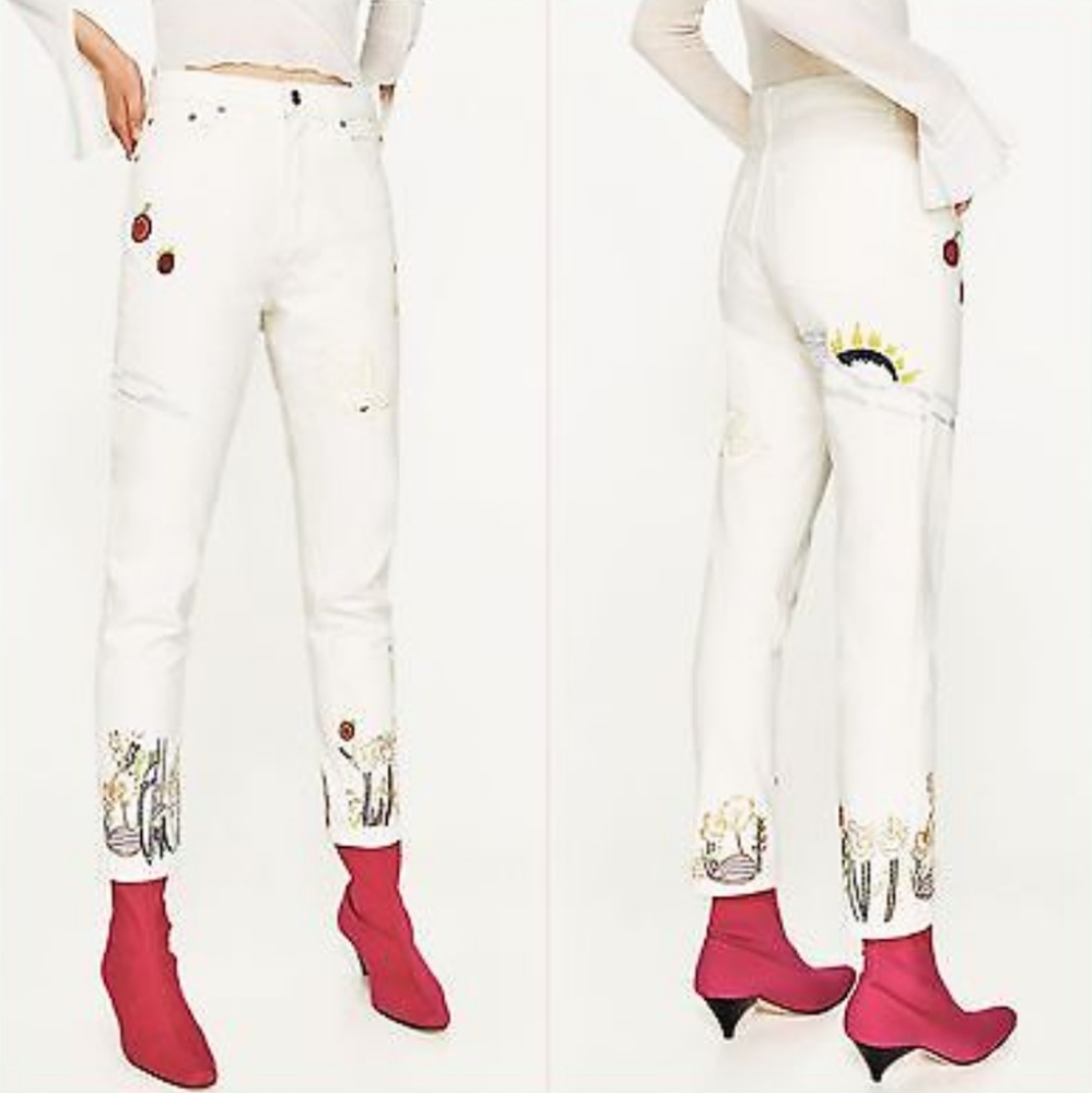 Zara Vintage High Waist White Embroidered Jeans Birds size 6 NWT